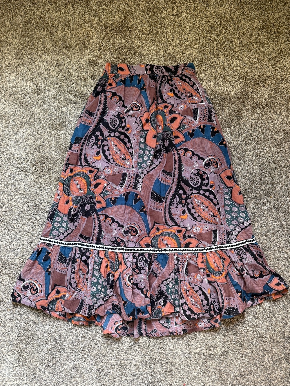 Cleobella Bohemian Floral Paisley Ruffle Maxi Skirt in Rust and Blue